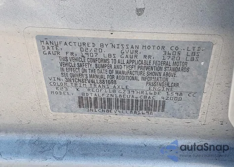 2020 Nissan Versa Sv Xtronic Cvt from USA, damaged, VIN 3N1CN8EV4LL881698